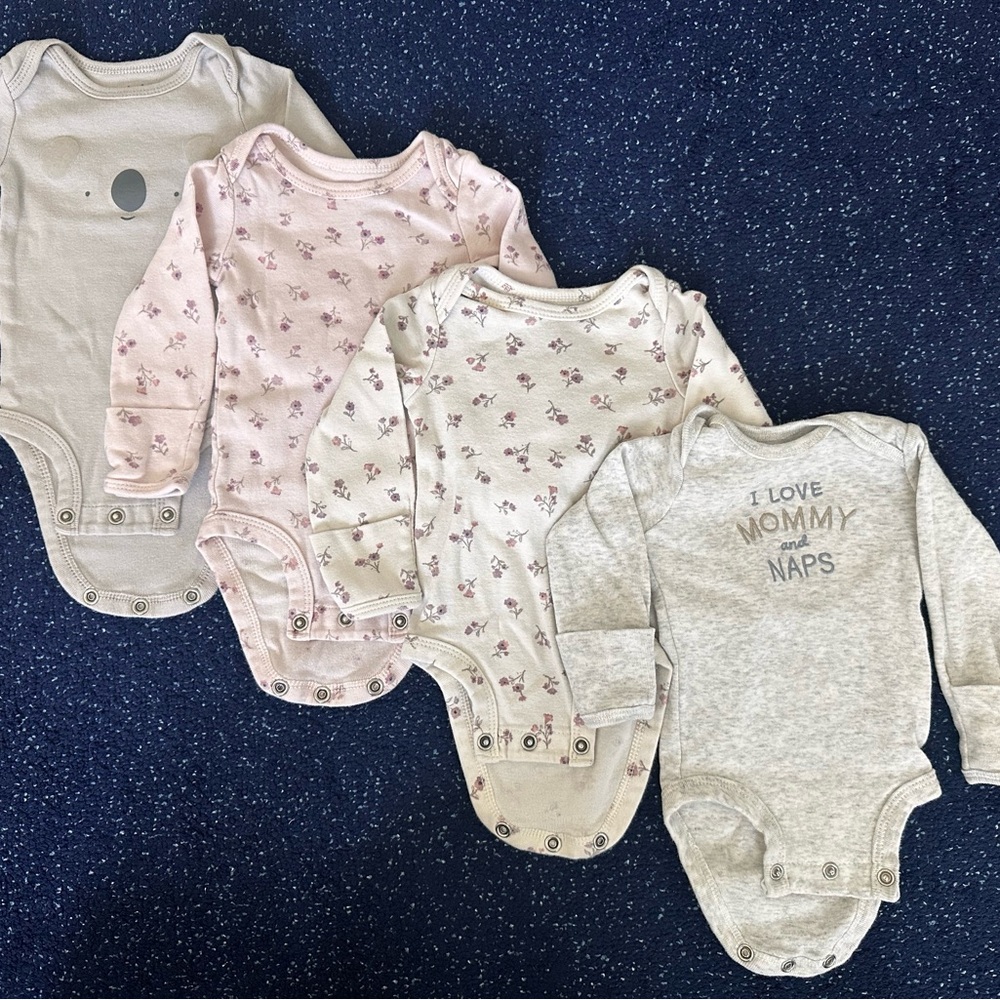 Newborn Baby Girl Long Sleeve Onesies – Set of 4 – Floral & Neutral